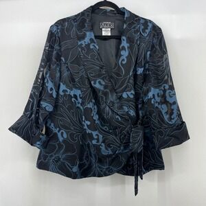 Alex Evenings Women Plus Size 1X Wrap Top Black Blue Floral Sheer Burnout Blouse